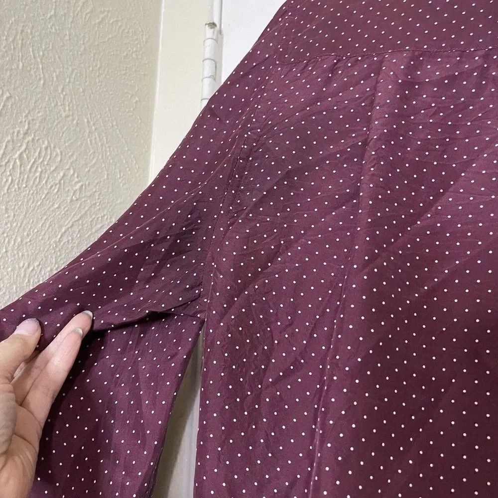 THAKOON maroon red dotted silk button down shirt dress size large